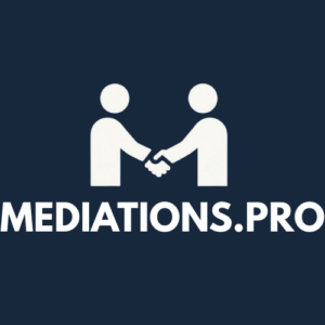 Mediations.pro logo with two figures shaking hands, symbolizing agreement.