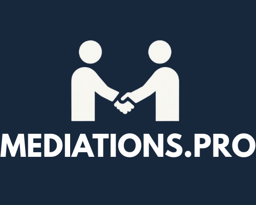 Mediations.pro logo with two figures shaking hands, symbolizing agreement.