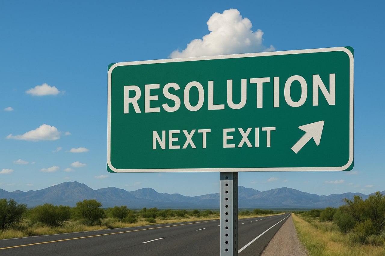 Green road sign reading "Resolution Next Exit" under clear blue sky.