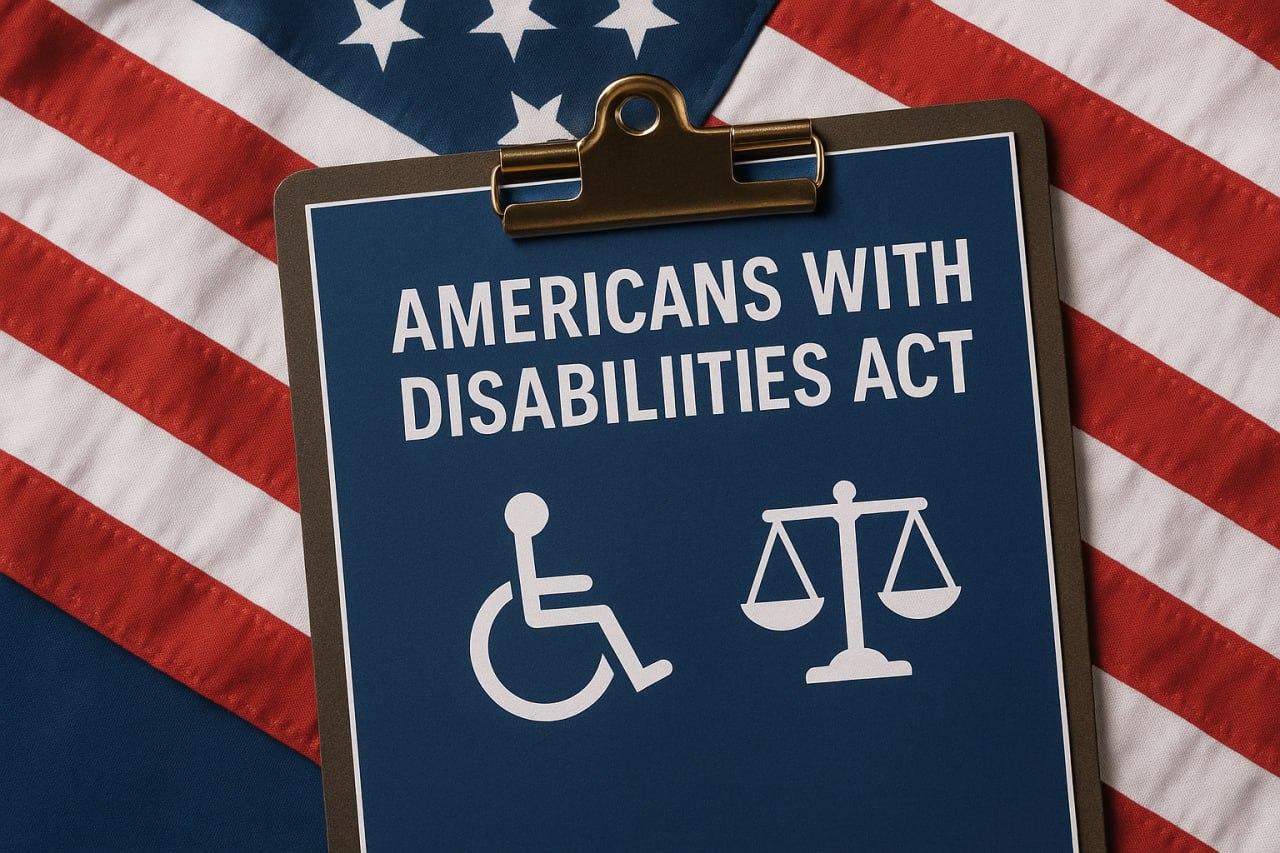 Clipboard with ADA text and symbols over U.S. flag, symbolizing disability rights.